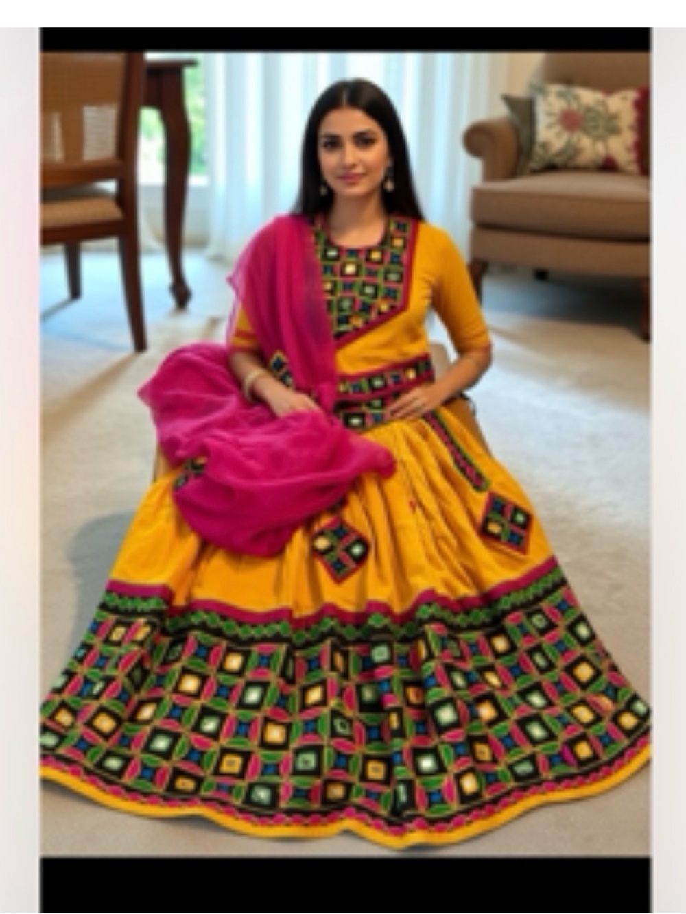 Yellow and Pink Mirror Embroidered Lehenga Choli- Vintage  Outfit
